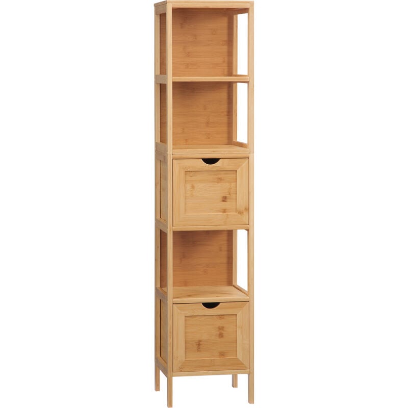 kleankin - meuble colonne rangement salle de bain bambou design cosy naturel 2 tiroirs 3 niches h. 140 cm - beige