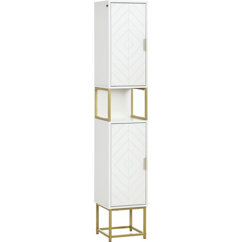 Meuble colonne rangement salle de bain design - 2 portes, 2 étagères, niche - acier doré mdf blanc