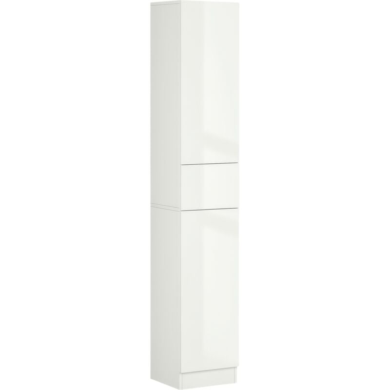Meuble colonne rangement salle de bain style contemporain façade laquée 2 portes 3 étagères tiroir panneaux mdf blanc