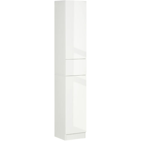 Meuble colonne rangement salle de bain style contemporain façade laquée 2 portes 3 étagères tiroir panneaux MDF blanc