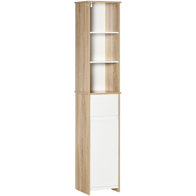 Meuble colonne rangement salle de bain style cosy 3 niches tiroir placard avec étagère blanc aspect chêne clair