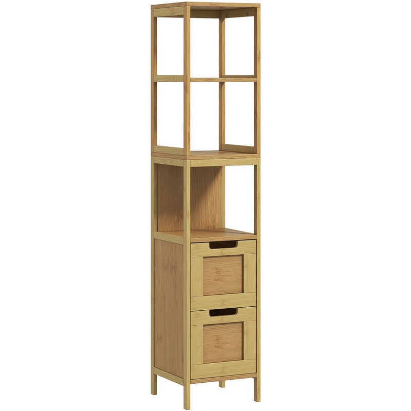 Meuble colonne rangement salle de bain style cosy dim. 30L x 30l x 144H cm 3 étagères 2 tiroirs bambou mdf aspect bois clair