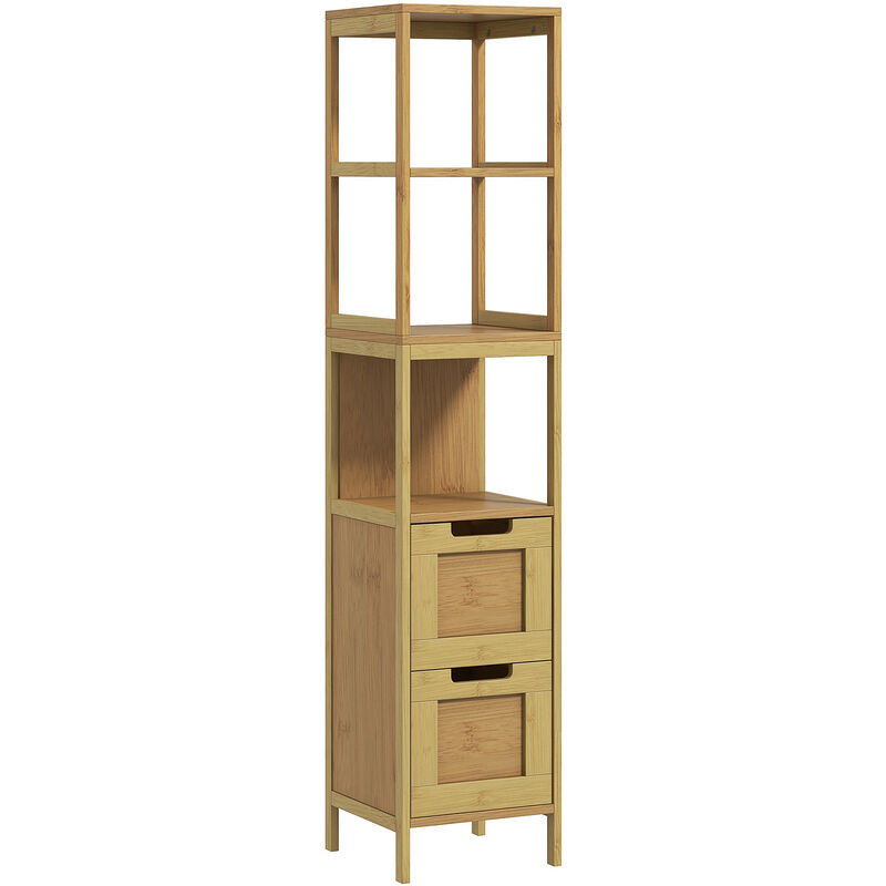 homcom - meuble colonne rangement salle de bain style cosy dim. 30l x 30l x 144h cm 3 étagères 2 tiroirs bambou mdf aspect bois clair - beige