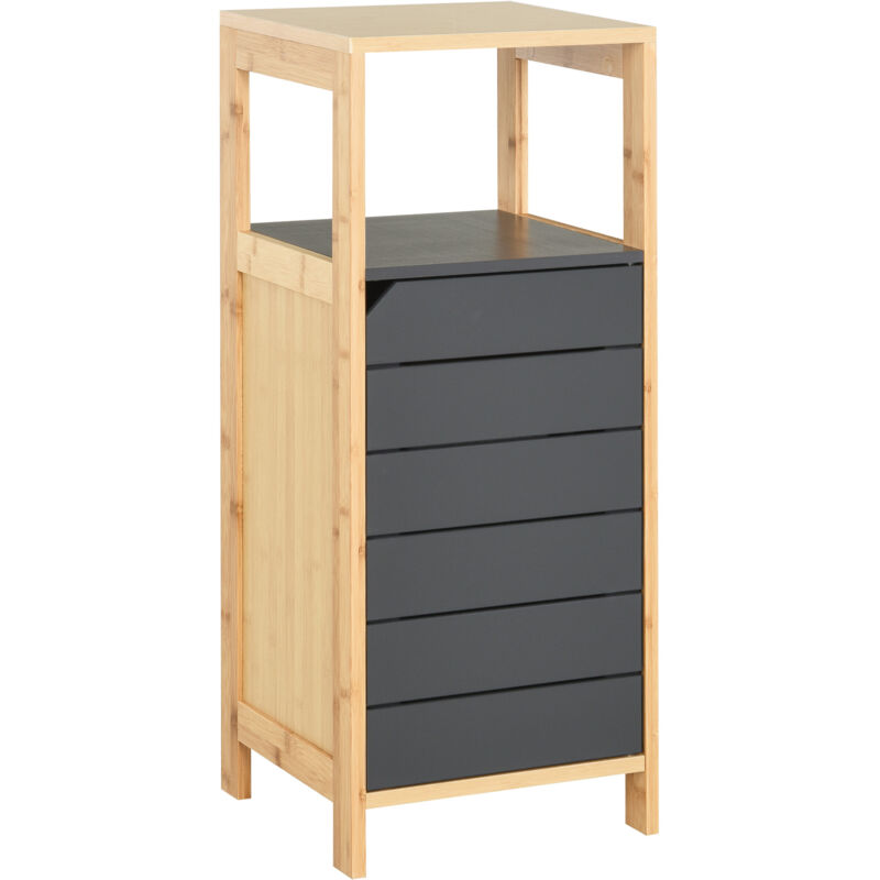 Meuble colonne rangement salle de bain style cosy dim. 32L x 30l x 80H cm porte étagères niche bambou gris