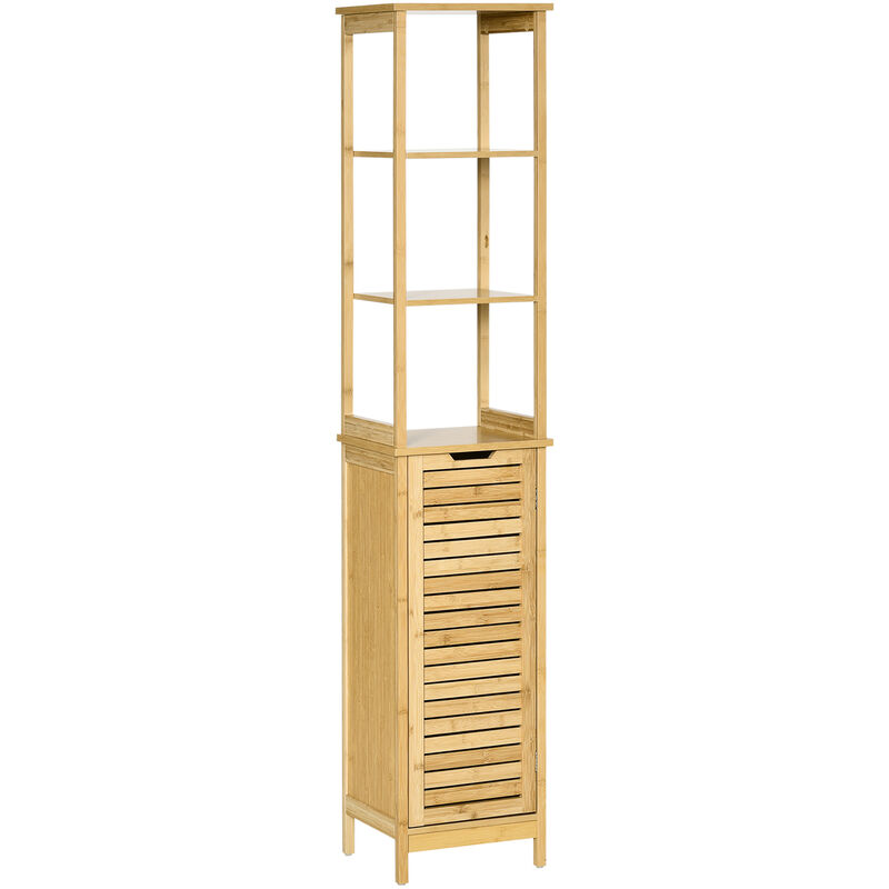 kleankin - meuble colonne rangement salle de bain style cosy dim. 34l x 30l x 173h cm porte à lattes 3 étagères bambou mdf aspect bois clair - beige