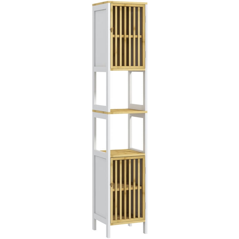 Meuble colonne salle de bain 2 portes 4 étagères MDF blanc bambou verni