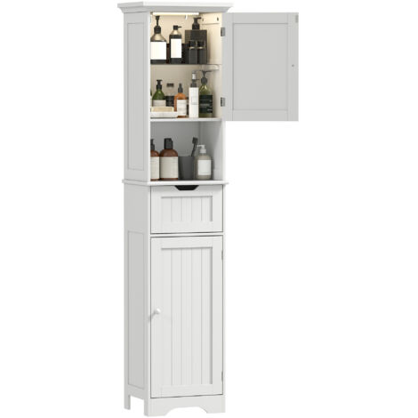 Meuble colonne salle de bain avec éclairage LED. meuble de rangement étroit. tiroir. 2 portes. 40x30x170cm. blanc