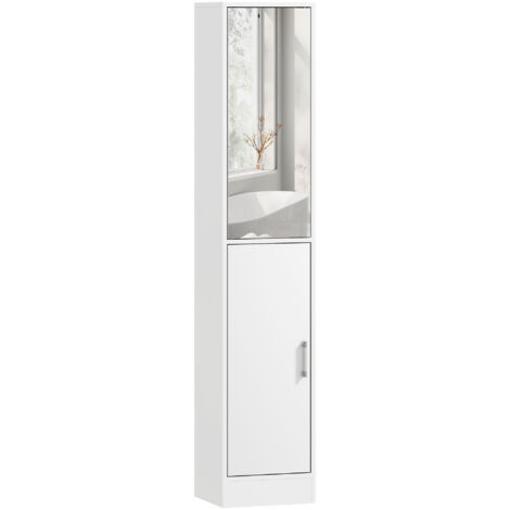 Meuble colonne salle de bain blanc 32x28x162cm, rangement 6 niveaux avec miroir, 2 portes et étagères réglables, armoire fine design moderne.