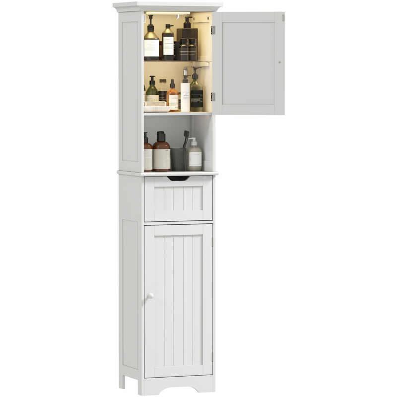 Meuble colonne salle de bain - HOMCOM - éclairage LED, tiroir, 2 portes, compartiment, étagère réglable - MDF - 40x30x170cm - blanc