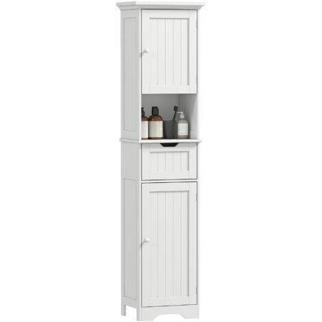 Meuble colonne salle de bain LED blanc 40x30x170cm, rangement étroit 2 portes tiroir