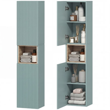 Meuble colonne salle de bain, meuble de rangement, 2 portes, compartiment et étagères réglables, 30x24x140cm, vert