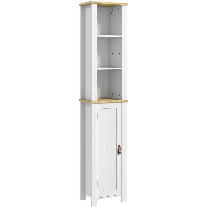 Meuble colonne rangement de salle de bain sur pied porte 2 étagères 3 niches aspect bois clair blanc