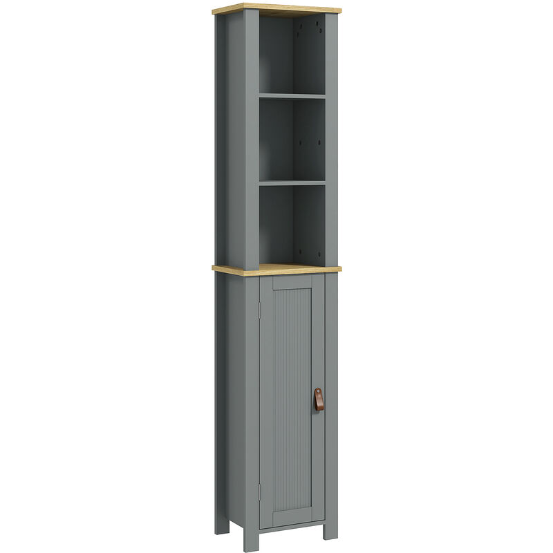 Meuble colonne rangement de salle de bain sur pied porte 2 étagères 3 niches aspect bois clair gris