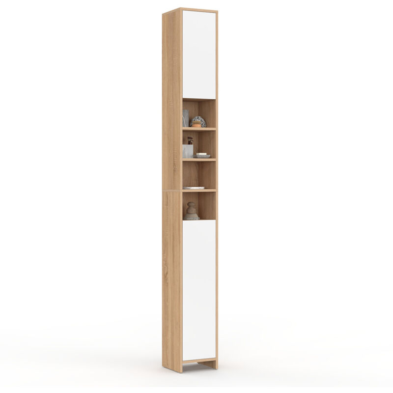 Idmarket – Colonne de salle de bain 170 cm – 2 portes blanches – 4 niches ouvertes – Panneaux de particules façon hêtre – Rangement compact