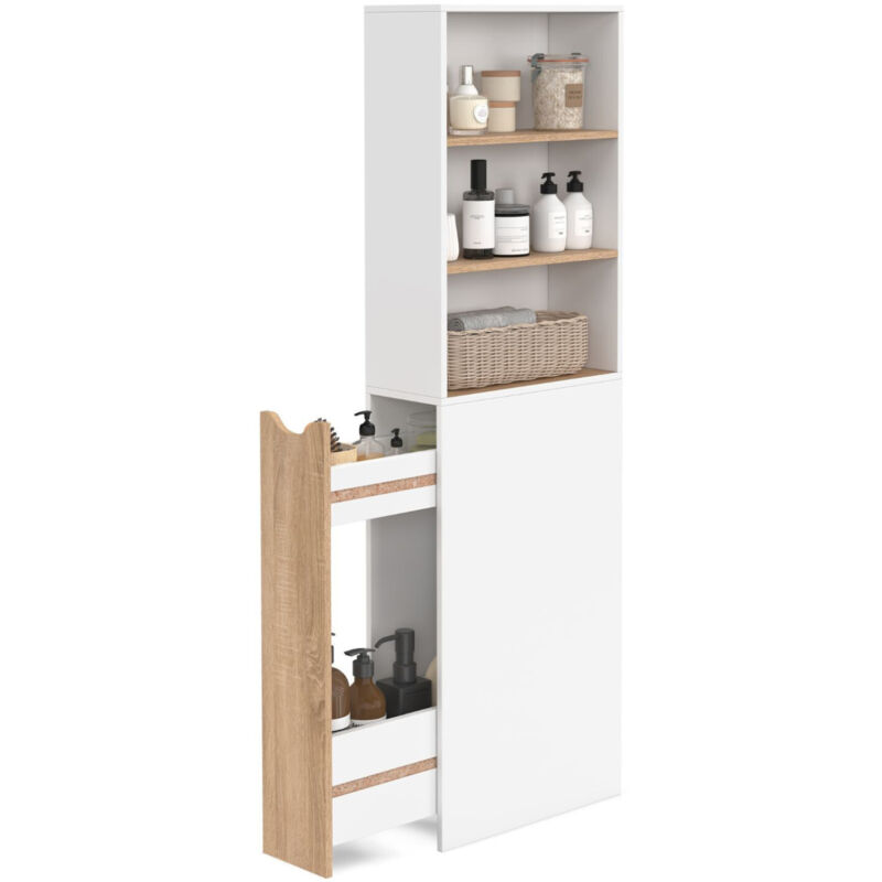 Meuble colonne salle de bain TOMI gain de place desserte 2 niveaux avec tiroirs et 3 étagères façon hêtre et blanc