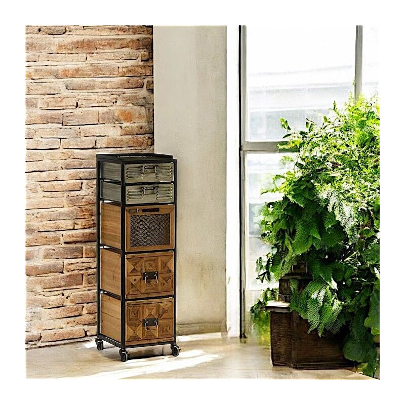 Meuble colonne vintage sur roulettes 5 tiroirs LAMPHUN