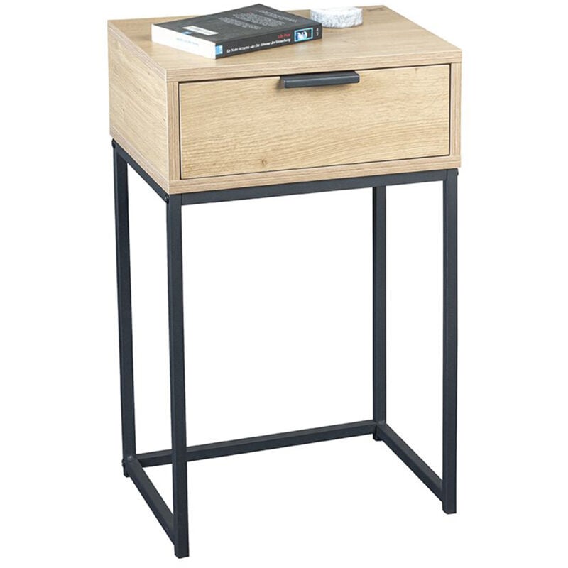 Pegane - Meuble console, table console avec 1 tiroir en bois coloris chêne et métal noir -longueur 40 x profondeur 40 x hauteur 60 cm