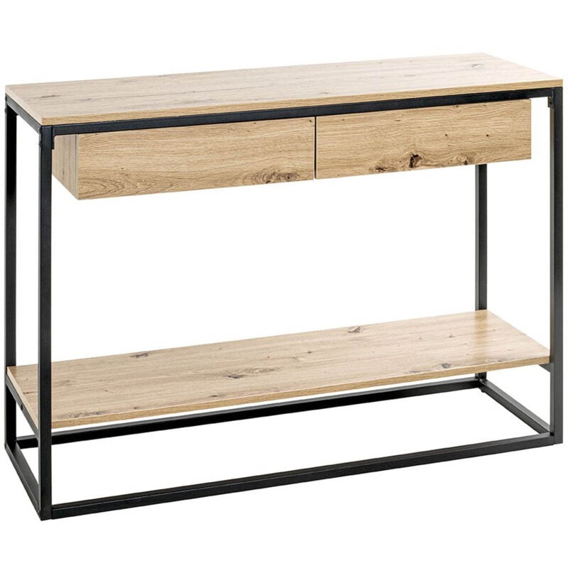 Pegane - Meuble console, table console avec 2 tiroirs en bois coloris chêne et métal noir -longueur 100 x profondeur 35 x hauteur 75 cm