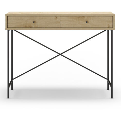 Meuble console, table de console avec 2 tiroirs aspect bois coloris chêne et pieds en métal noir - Longueur 110 x Profondeur 35 x Hauteur 85 cm