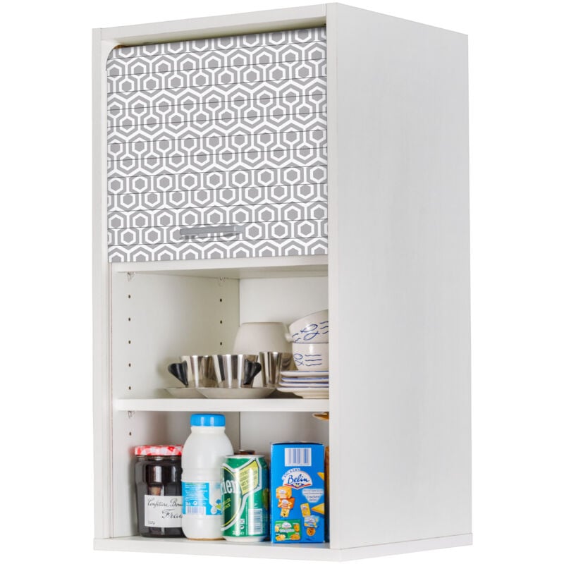 Beaux Meubles Pas Chers - Meuble haut de cuisine à rideau 40 cm blanc imprimé gris - COOK