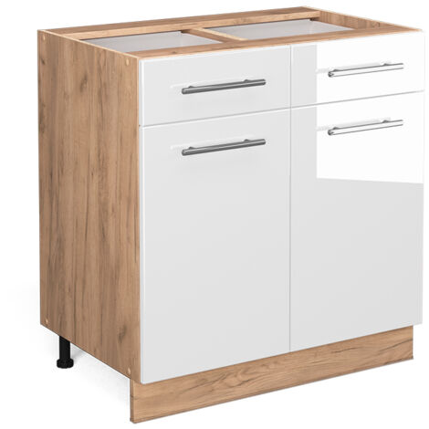 Vicco – Meuble bas de cuisine Fame-Line 80 cm – Blanc haute brillance – MDF et panneaux de particules – Charnières soft-closing