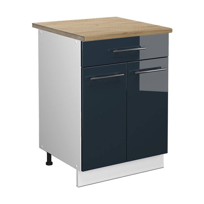 Meuble cuisine Fame-Line, Bleu foncé brillant, 60 cm avec tiroir, pt Chêne Vicco