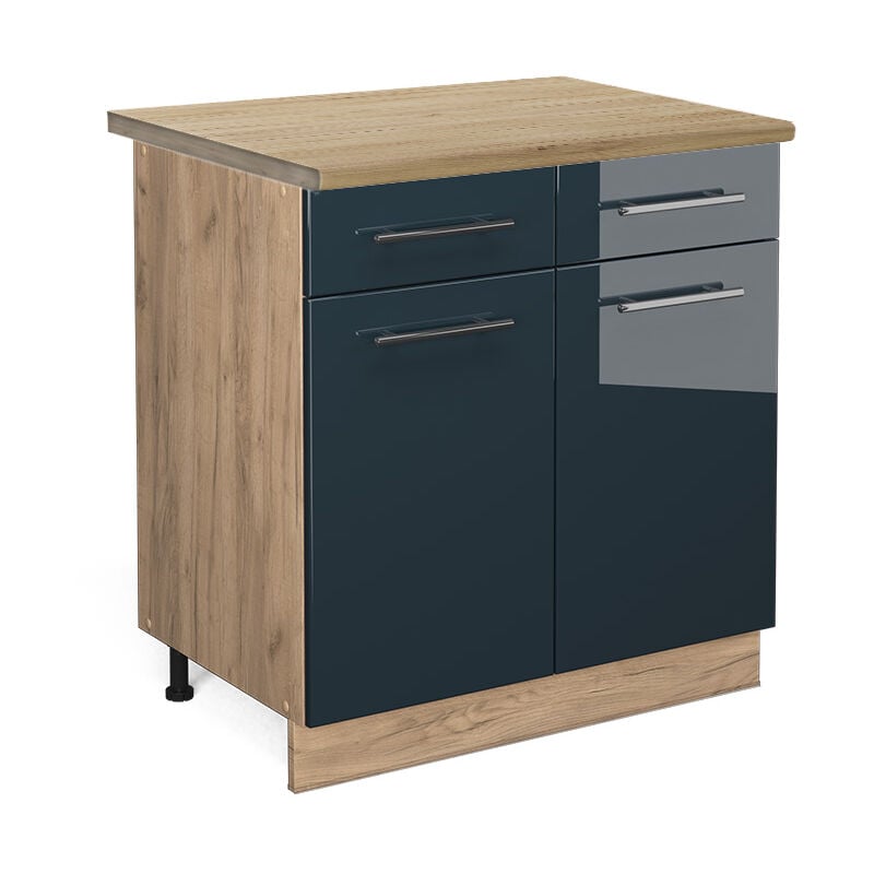Vicco - Meuble cuisine Fame-Line, Bleu foncé brillant, 80 cm, pt Chêne
