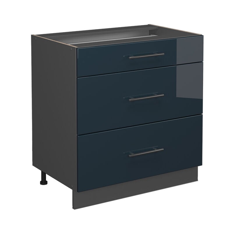 Meuble cuisine Fame-Line, Bleu foncé brillant, 80 cm avec 3 tiroirs, sans plan de travail Vicco
