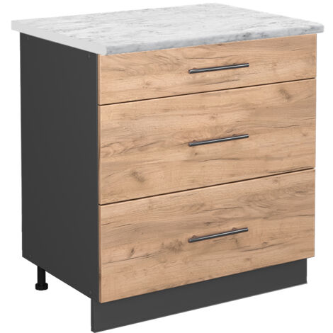 Meuble cuisine Fame-Line, Chêne de force doré, 80 cm avec 3 tiroirs, PT Marbre, Vicco