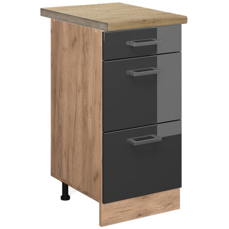 Meuble cuisine R-Line, Anthracite Haute brillance, 40 cm avec tiroirs, PT Chêne, Vicco