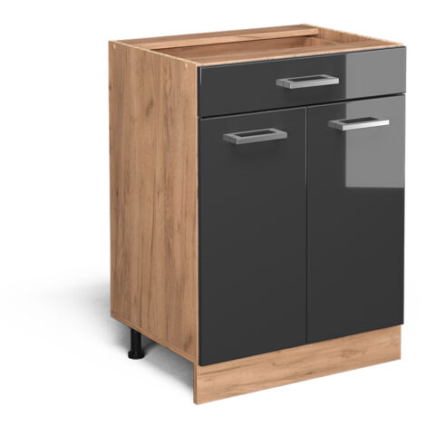 Vicco – Meuble bas de cuisine R-Line 60 cm – Anthracite haute brillance – Tiroir inclus – Panneau de particules 16 mm – Pieds ajustables
