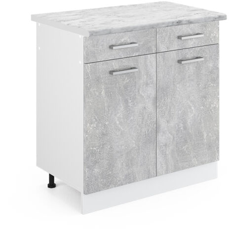 Vicco – Casserolier de cuisine béton 80 cm – Plan de travail marbre blanc – Dimensions 80x81.6x60 cm – Panneau de particules 16 mm