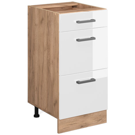 Vicco – Meuble bas de cuisine 40 cm – Blanc haute brillance – 81.6 cm de hauteur – Panneau de particules 16 mm – Tiroirs ajustables