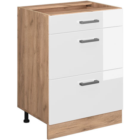 Vicco – Meuble bas de cuisine R-Line 60 cm – Blanc haute brillance – Tiroirs modulables – Panneau de particules mélaminé