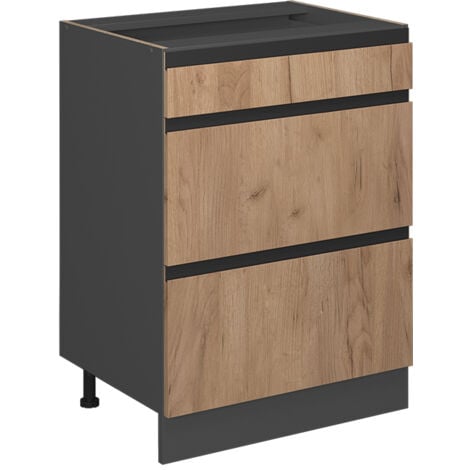 Meuble cuisine R-Line, Chêne de force doré, 60 cm J-Shape, avec tiroirs, sans plan de travail, Vicco