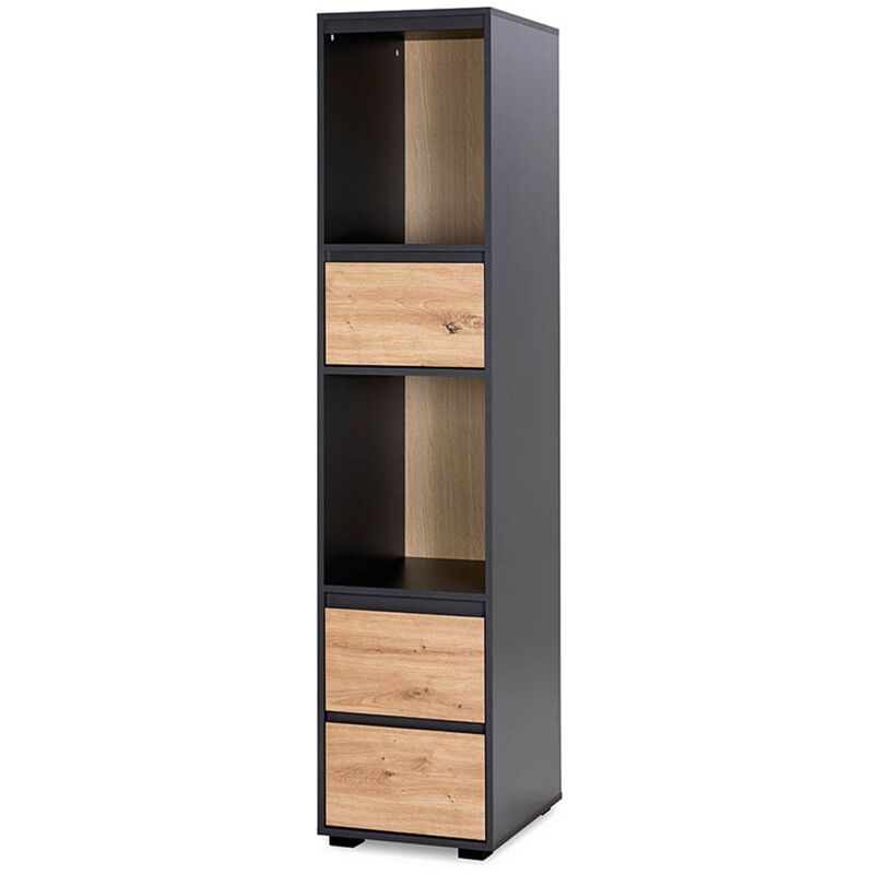 Monmobilierdesign - dalia Meuble colonne avec 2 niches de rangement et 3 tiroirs style urbain Anthracite/Chêne