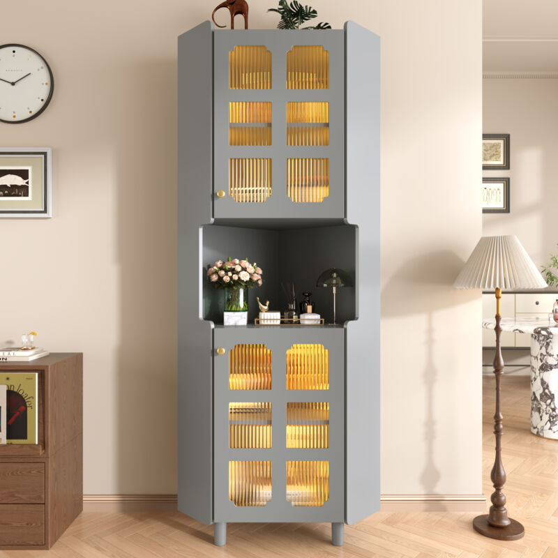 Meuble d‘Angle 157 cm - avec Éclairage LED, Étagère de Rangement Multifonction 4 Niveaux - pour Salon, Bureau, Salle de Bain, Chambre - Gris