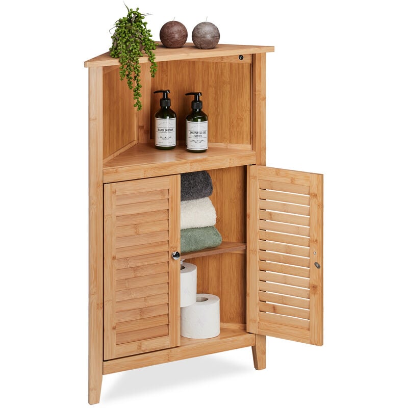 Meuble d'angle, bambou, HxLxP: 92x58x30 cm, rangement pour salle de bain avec 2 portes à lamelles, nature - Relaxdays