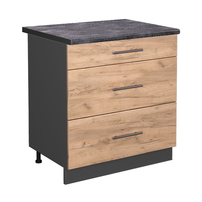 Meuble cuisine Fame-Line, Chêne de force doré, 80 cm avec 3 tiroirs, PT Anthracite, Vicco