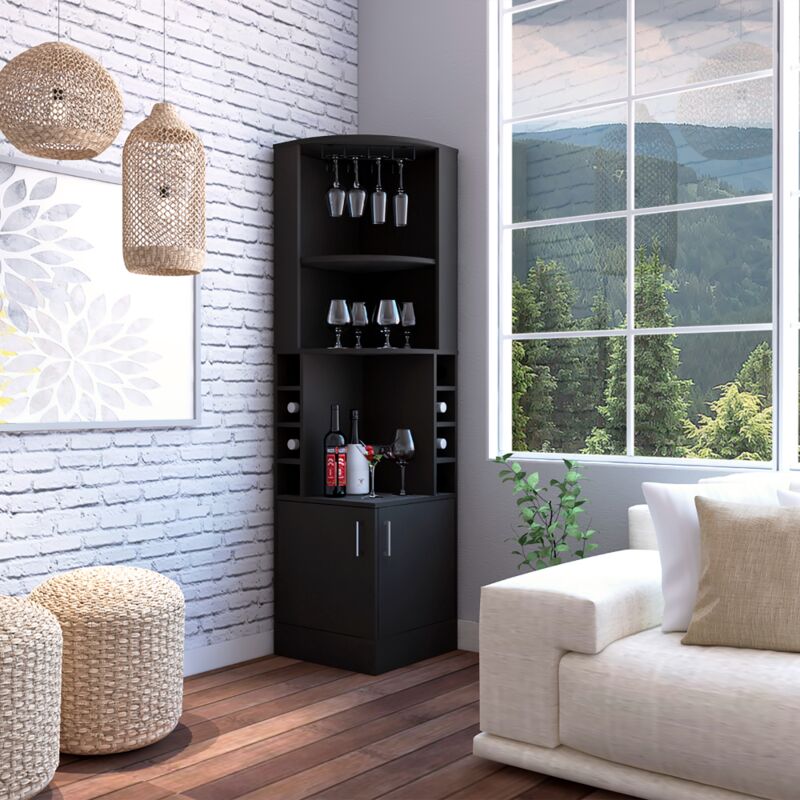 Tuhome Concept - Meuble bar d'angle Kava Beijing, avec casiers à vin 180,6CM l x 46,9CM h x 46,9CM l x 46,9CM p Noir