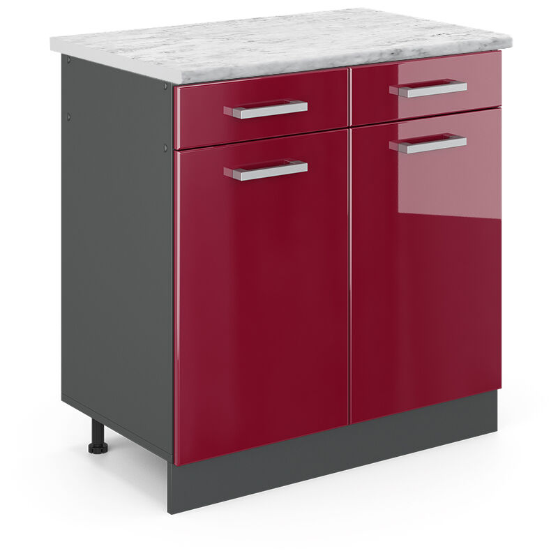 Meuble cuisine R-Line, Rouge bordeaux Haute brillance, 80cm pt Marbre Vicco
