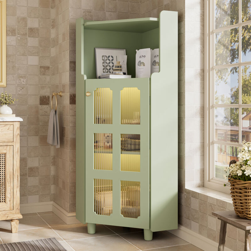 Meuble d‘angle, Rangement d‘angle avec LED - Contrôle application, 2 niveaux, finition laquée, colonne de salle de bain - 63,5x124 cm - Vert