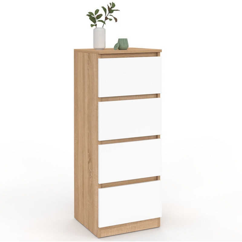 Meuble d'appoint 4 tiroirs TOMI 30 cm chiffonnier bois façon hêtre et blanc pour entrée salle de bain