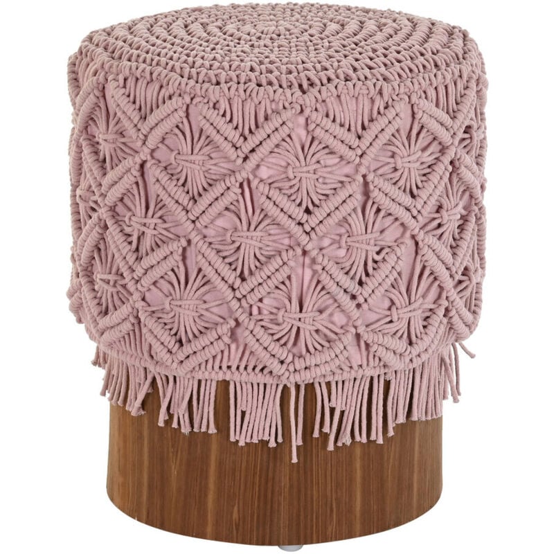 Repose-Pieds Coton Bois 43X43X51 Macramé Rose Pâle