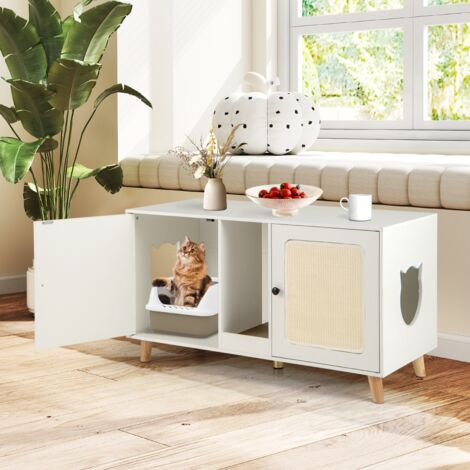 Meuble de 108cm pour Bac à Litière de Chat Double Compartiments 2 Griffoirs en Sisal Planche à Gratter Table d'appoint en Bois Blanc