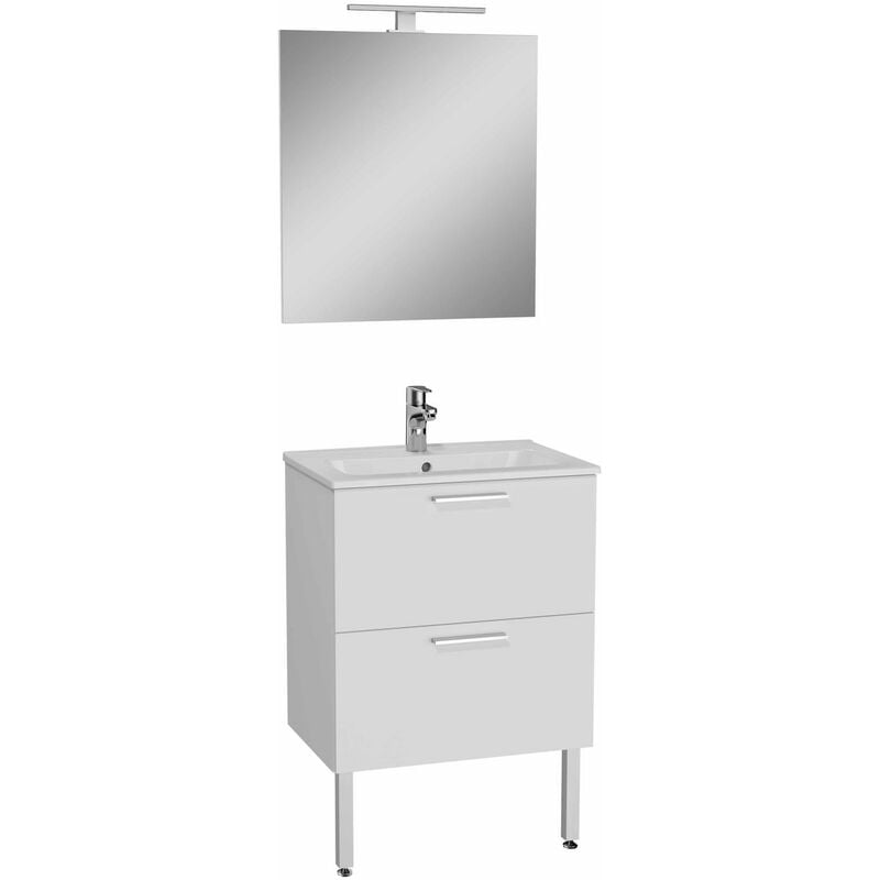 Set de meuble MIA avec plan en céramique et miroir - Coloris meuble: blanc - Finition meuble : brillant- Avec 2 tiroirs - Coloris vasque: blanc