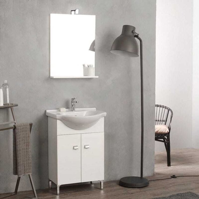 Kiamami Valentina - Meuble De Bain Sur Pieds Blanc 56 Cm Avec Lavabo Et Miroir Simply