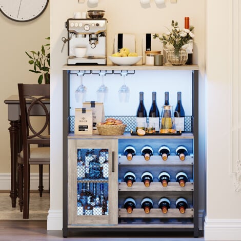 LUNSY Meuble de Bar à Vin, Buffet Industriel avec Porte-Bouteilles et Porte-Verres à vin avec lumières LED, Meuble de Rangement avec Porte en Métal Grillagé, Idéal pour Salon, Cuisine, Salle à Manger,gris