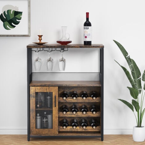 HOERFURIY Meuble de Bar à Vin, Buffet Industriel avec Porte-Bouteilles et Porte-Verres à vin , Meuble de Rangement avec Porte en Métal Grillagé, Idéal pour Salon, Cuisine, Salle à Manger