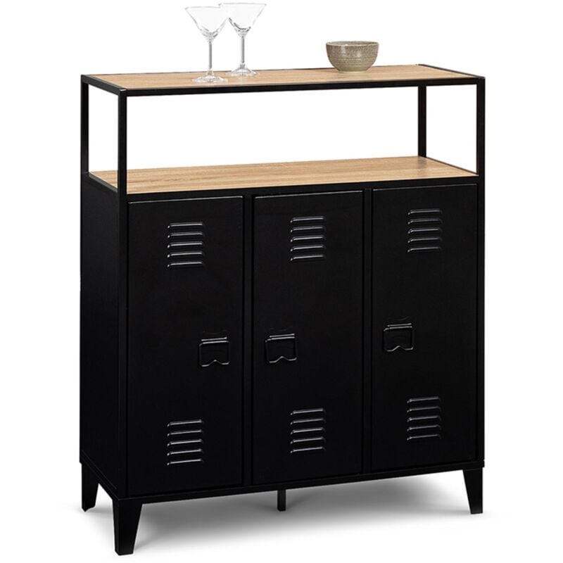 Meuble de bar buffet ester 3 portes métal noir et plateau bois façon hêtre